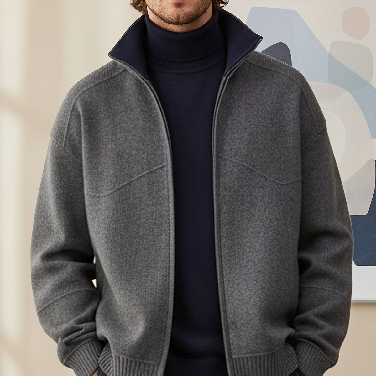 Herren Strickjacke Reißverschluss Stehkragen Rippbündchen Dunkelgrau