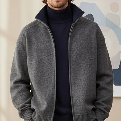 Herren Strickjacke Reißverschluss Stehkragen Rippbündchen Dunkelgrau