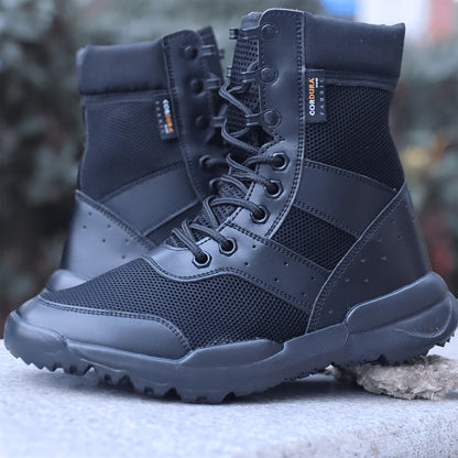 Schwarze knöchelhohe Schnürstiefel mit Profilsohle und Mesh-Einsätzen