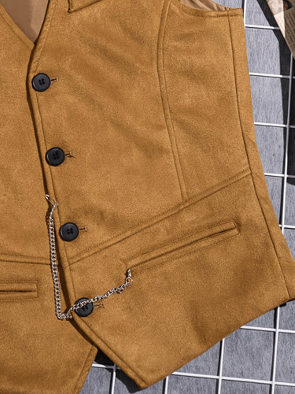 Herren Weste mit V-Ausschnitt & Knöpfen, Dekorative Kette, Taschen, Wildlederoptik