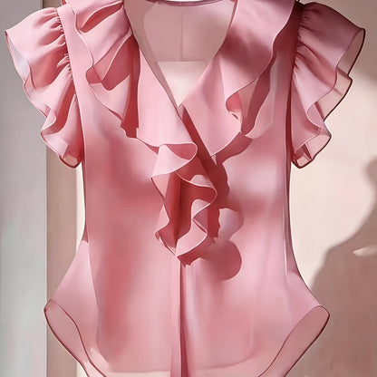 Damen Rüschenbluse mit V-Ausschnitt und Volantärmeln – Elegante Chiffonbluse für Büro und besondere Anlässe