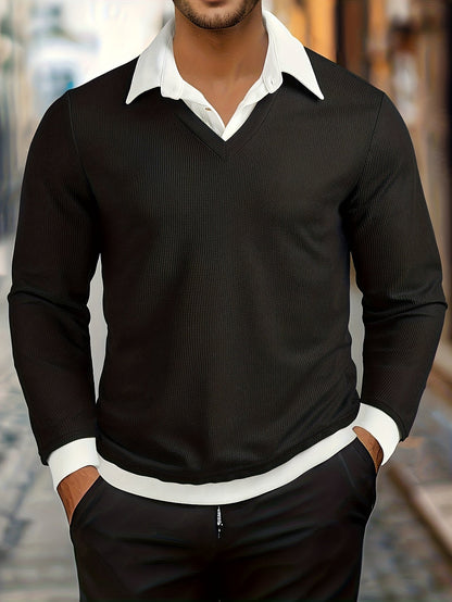 Herren Langarmshirt mit V-Ausschnitt, Schwarz, Lagenlook
