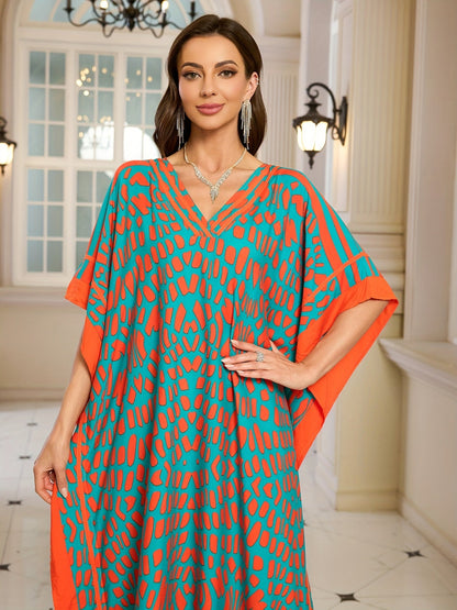 Damen Kaftan Maxikleid Boho-Stil mit V-Ausschnitt für Urlaub und Alltag