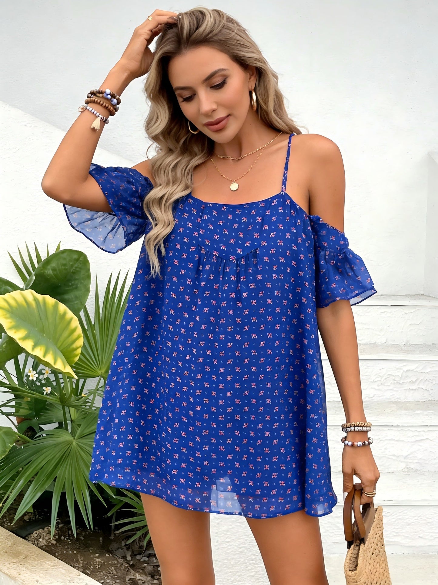 Damen Sommer Minikleid mit schulterfreiem Schnitt und verspieltem Blumenmuster – Luftiges Freizeitkleid für Urlaub und Alltag