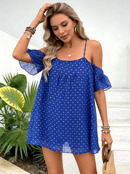 Damen Sommer Minikleid mit schulterfreiem Schnitt und verspieltem Blumenmuster – Luftiges Freizeitkleid für Urlaub und Alltag