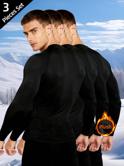 Herren Langarm Thermo Unterhemd Kompressionsshirt Rundhals Schwarz 3er-Set