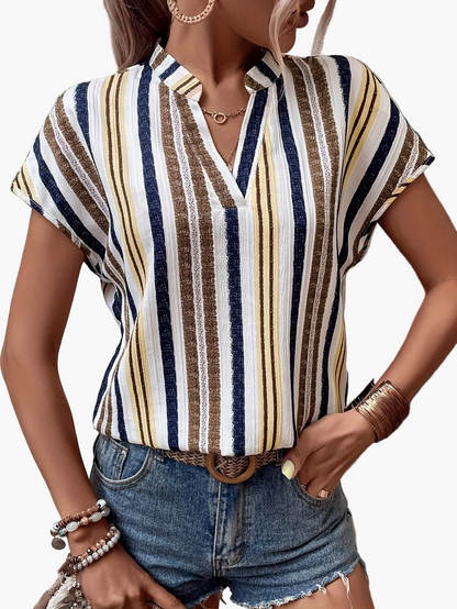 Damen Sommer Blusenshirt mit Streifenmuster und V-Ausschnitt – Eleganter Freizeitstil