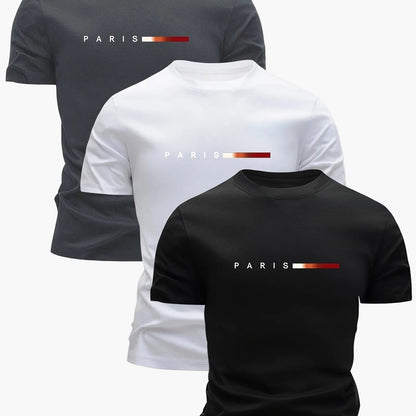 Herren T-Shirt 3er Set – Modernes Paris Print Design, Rundhals, Alltag & Freizeit