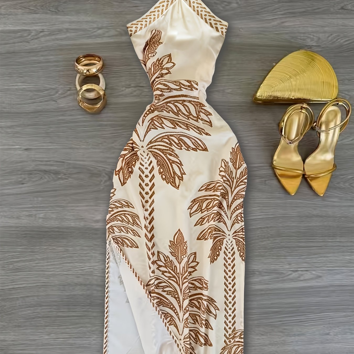 Damen Elegantes Neckholder Kleid mit Palmenmuster und Schlitz – Perfekt für Abendveranstaltungen
