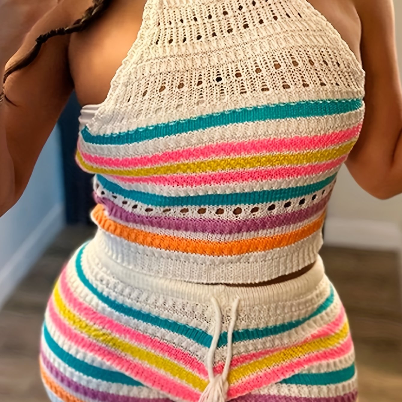 Damen Häkel-Strick Zweiteiler Set – Trendiges Y2K Outfit mit Haltertop und Shorts, Ideal für Sommer & Freizeit