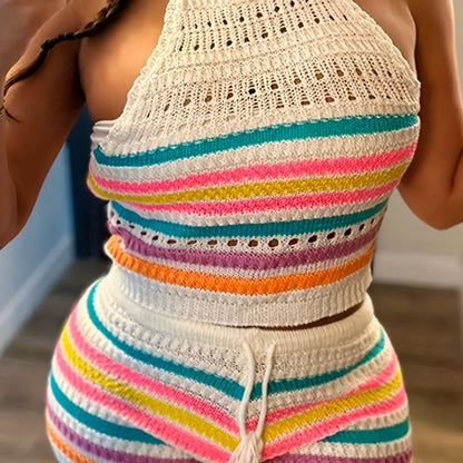 Damen Häkel-Strick Zweiteiler Set – Trendiges Y2K Outfit mit Haltertop und Shorts, Ideal für Sommer & Freizeit