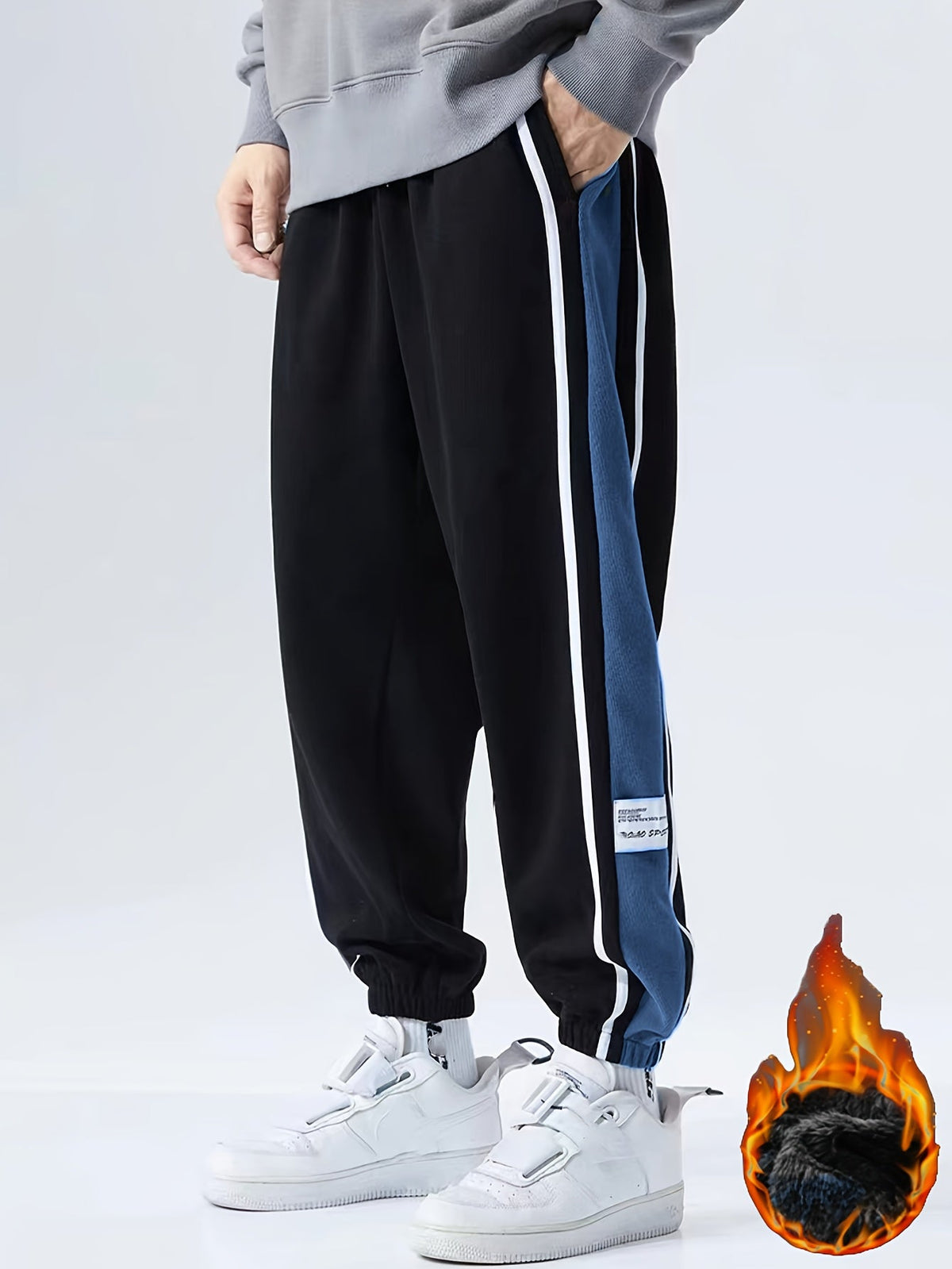 Unisex Jogginghose mit Blockstreifen und Fleece-Futter – Schwarz