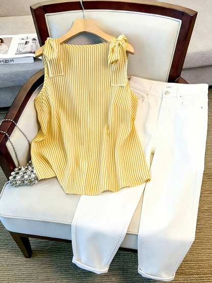 Damen Blusentop mit Streifen und Knopfleiste – Eleganter Sommer-Style für Büro & Freizeit