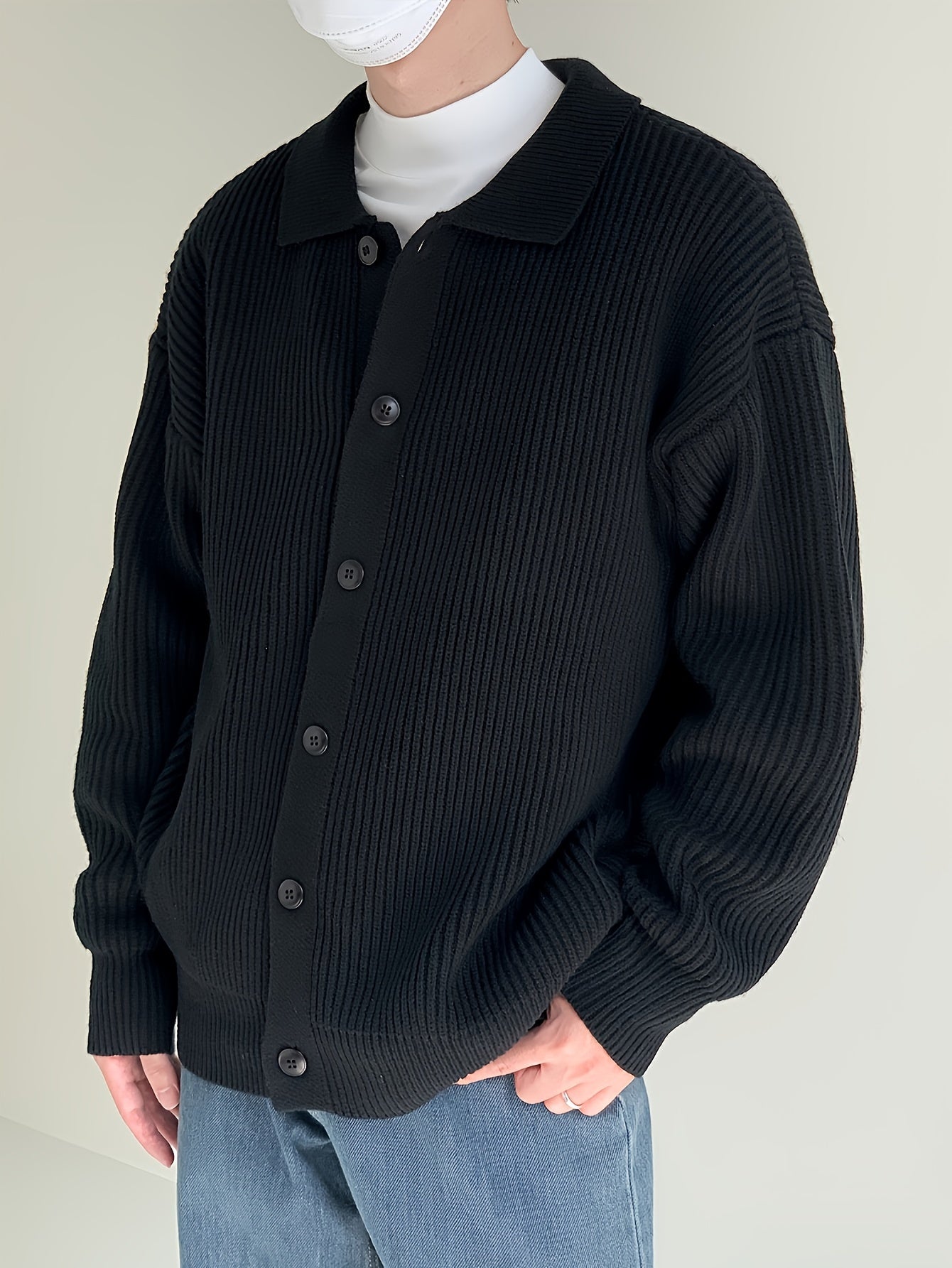 Gerippte Strickjacke mit Kragen für Herren – Beige, Schwarz, Grün