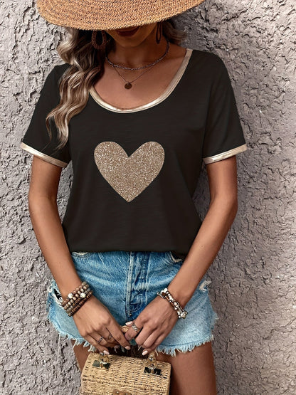 Damen T-Shirt mit Herz-Print und Metallic-Details – Modisches Freizeitshirt mit V-Ausschnitt