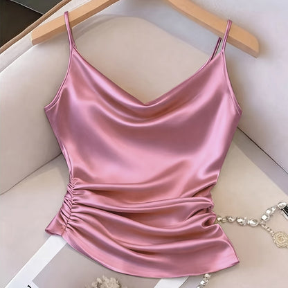 Damen Satin-Camisole mit Wasserfallausschnitt und Raffungen – Elegantes Oberteil für Abend und Party