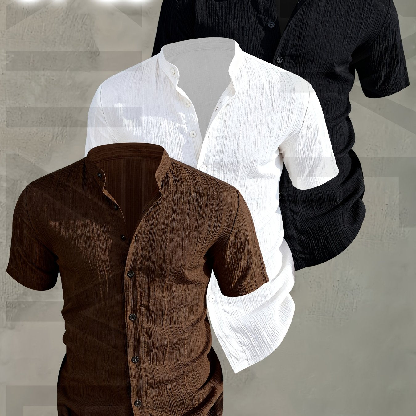 Herren 3er-Pack Stehkragen Hemden – Modischer Freizeit Look, Kurzarm, Knopfleiste