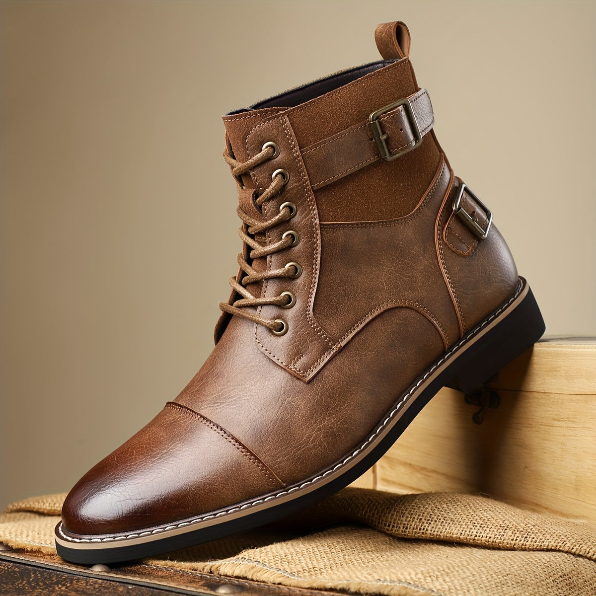 Herren Schnürstiefel Hoher Schaft mit Schnallenakzent Cap-Toe