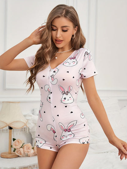 Damen Kurzarm Romper mit süßem Hasen-Print – Bequemer Einteiler für Zuhause oder Schlafanzug