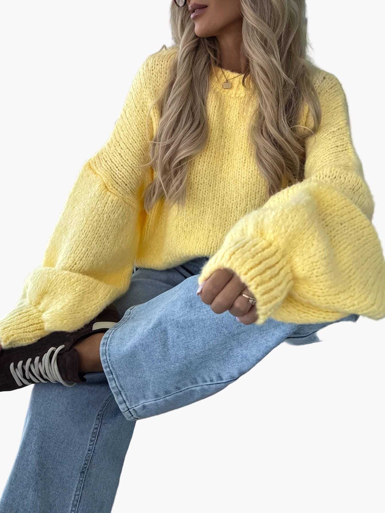 Damen Grobstrick Pullover mit Ballonärmeln für Herbst und Winter – Lässiger Strickpullover