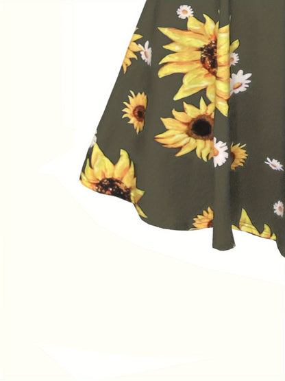 Damen Vintage Sommerkleid mit Sonnenblumenmuster und Knopfleiste – Ideal für Freizeit und Urlaub