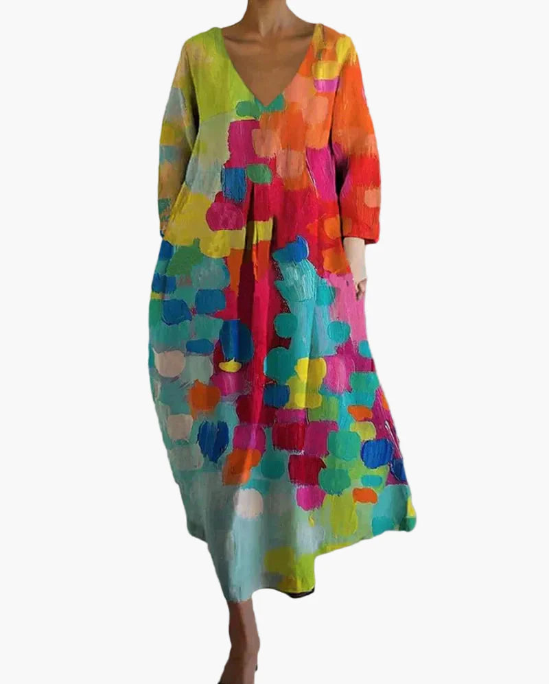 Damen Maxikleid mit abstraktem Print und V-Ausschnitt – Künstlerisches Freizeitkleid für Alltag und besondere Anlässe
