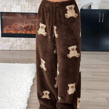Damen Fluffy Hose Weites Bein Teddybär Muster Braun