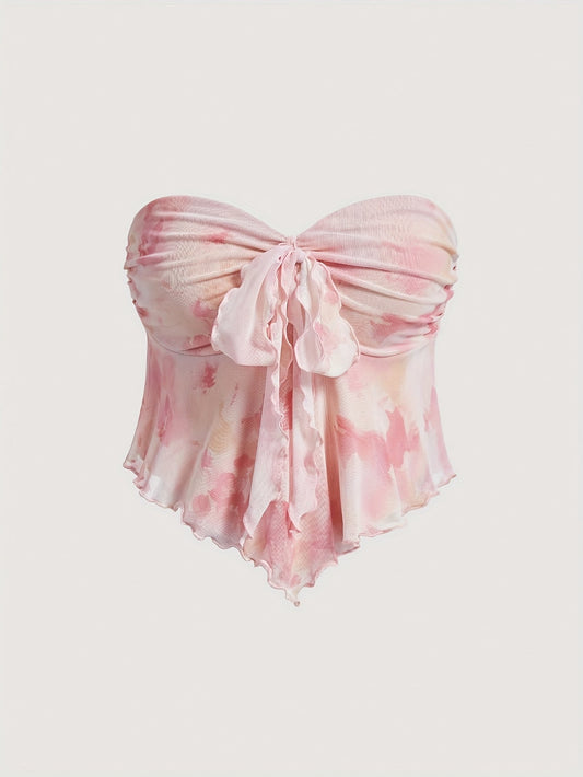 Damen Bandeau-Top mit Schleifen-Detail und abstraktem Muster – Modisches Party- und Ausgeh-Oberteil