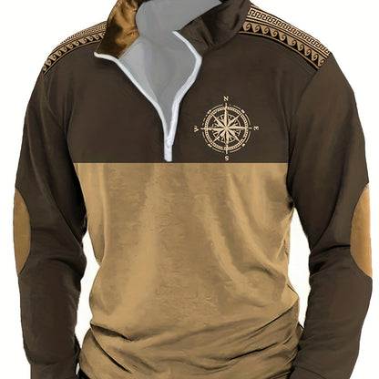 Herren Halbarm-Pullover mit Reißverschluss, Kompass-Motiv & Ellbogen-Patches, Zweifarbig