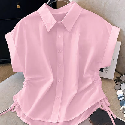 Damen Kurzarm Bluse mit Kordelzug und Hemdkragen – Modisch & Vielseitig
