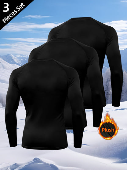 Herren Langarm Thermo Unterhemd Kompressionsshirt Rundhals Schwarz 3er-Set