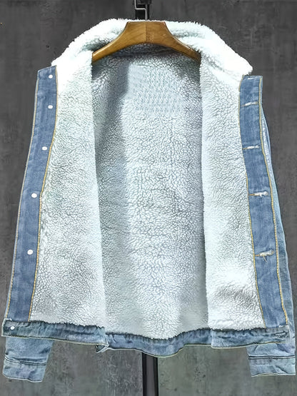 Jeansjacke Herren gefüttert Hellblau Teddyfell Kragen