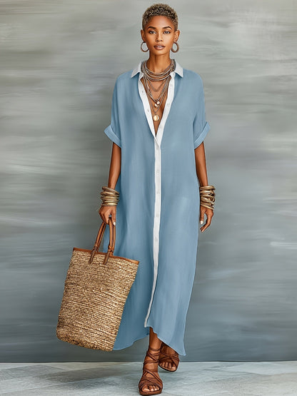 Damen Maxikleid Hemdblusenkleid Elegant Lässig Sommermode