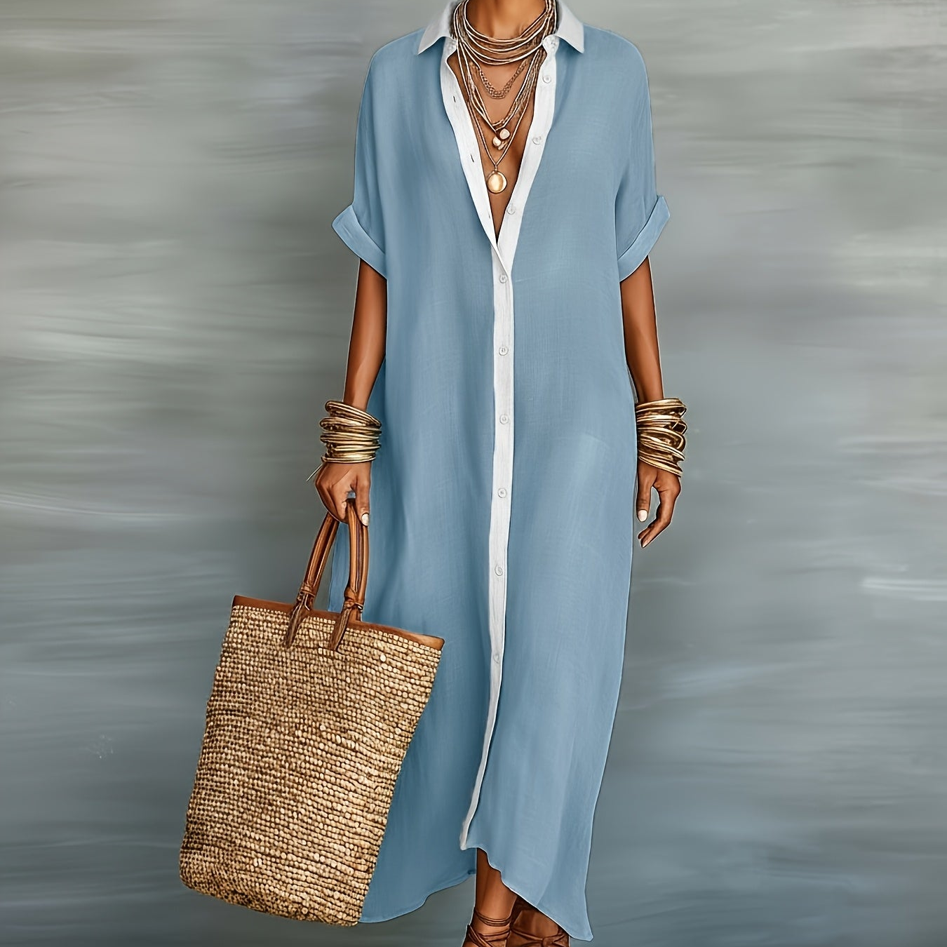 Damen Maxikleid Hemdblusenkleid Elegant Lässig Sommermode