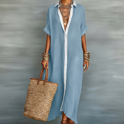 Damen Maxikleid Hemdblusenkleid Elegant Lässig Sommermode