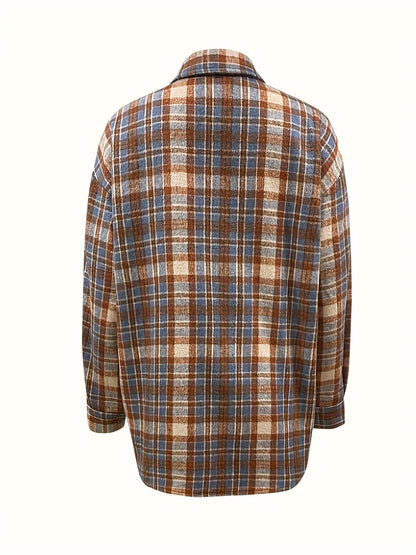 Kariertes Oversized Hemd Jacke für Damen in Braun Blau Beige
