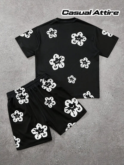 Herren Casual Set mit Blumenmuster – Freizeit Outfit mit T-Shirt und Shorts
