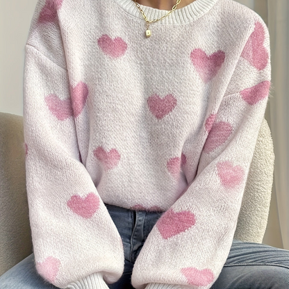 Damen Pullover Rundhals Herzmuster Langarm Strickpullover