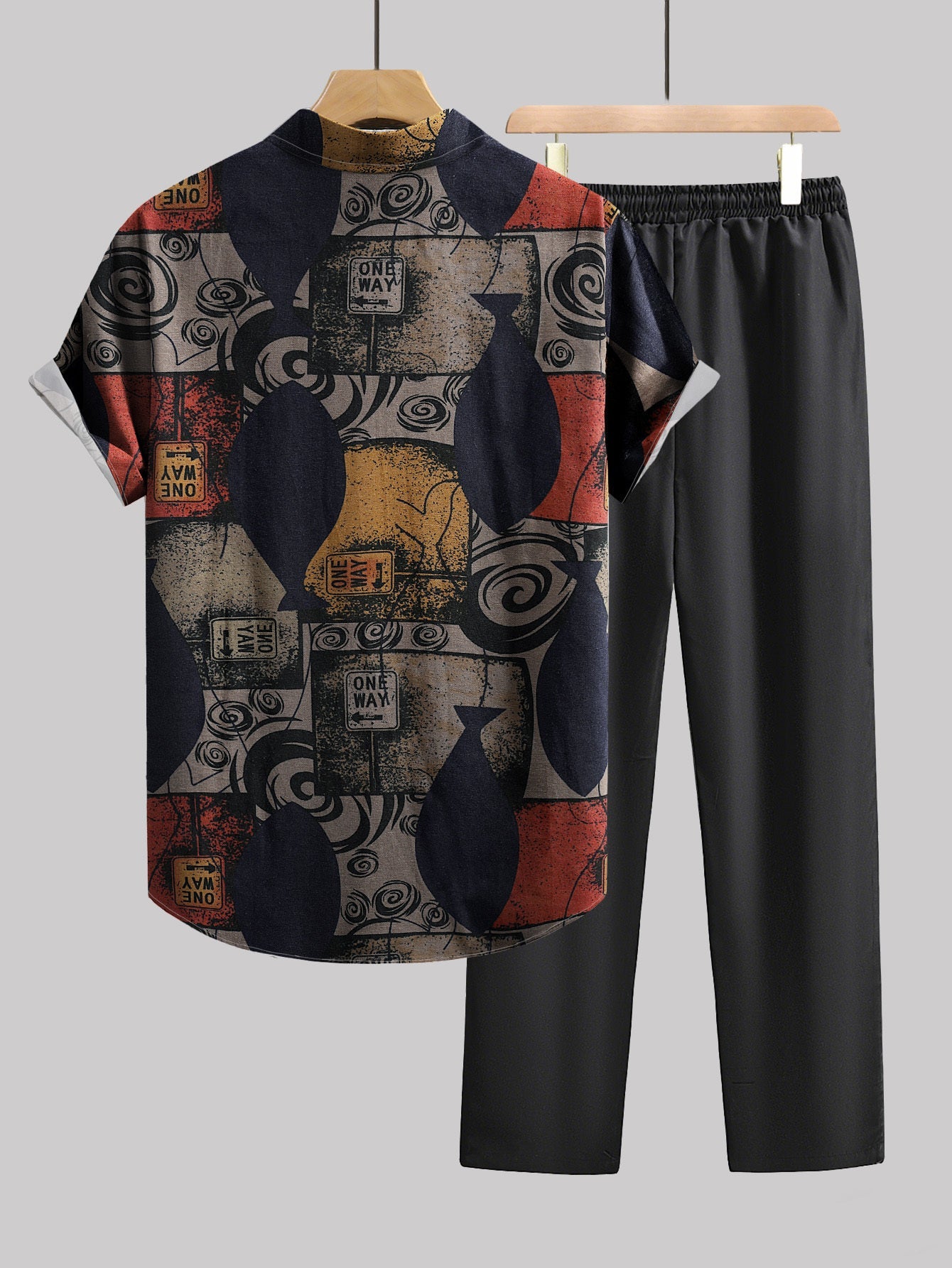 Herren Set Kurzarmhemd mit Grafikmuster und Hose – Modisches Freizeit-Outfit mit künstlerischem Design