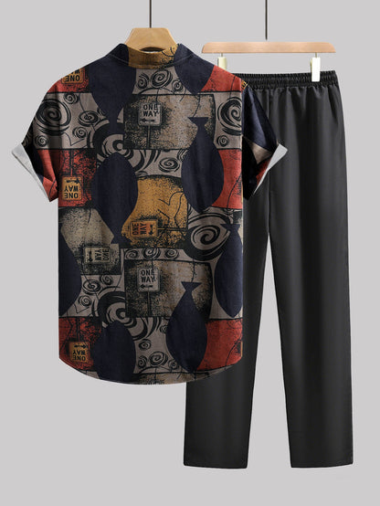 Herren Set Kurzarmhemd mit Grafikmuster und Hose – Modisches Freizeit-Outfit mit künstlerischem Design
