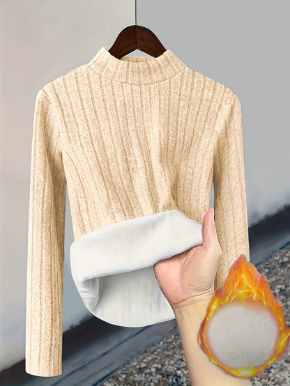 Damen Pullover Rippstrick Stehkragen Warme Fleecefütterung Langarm