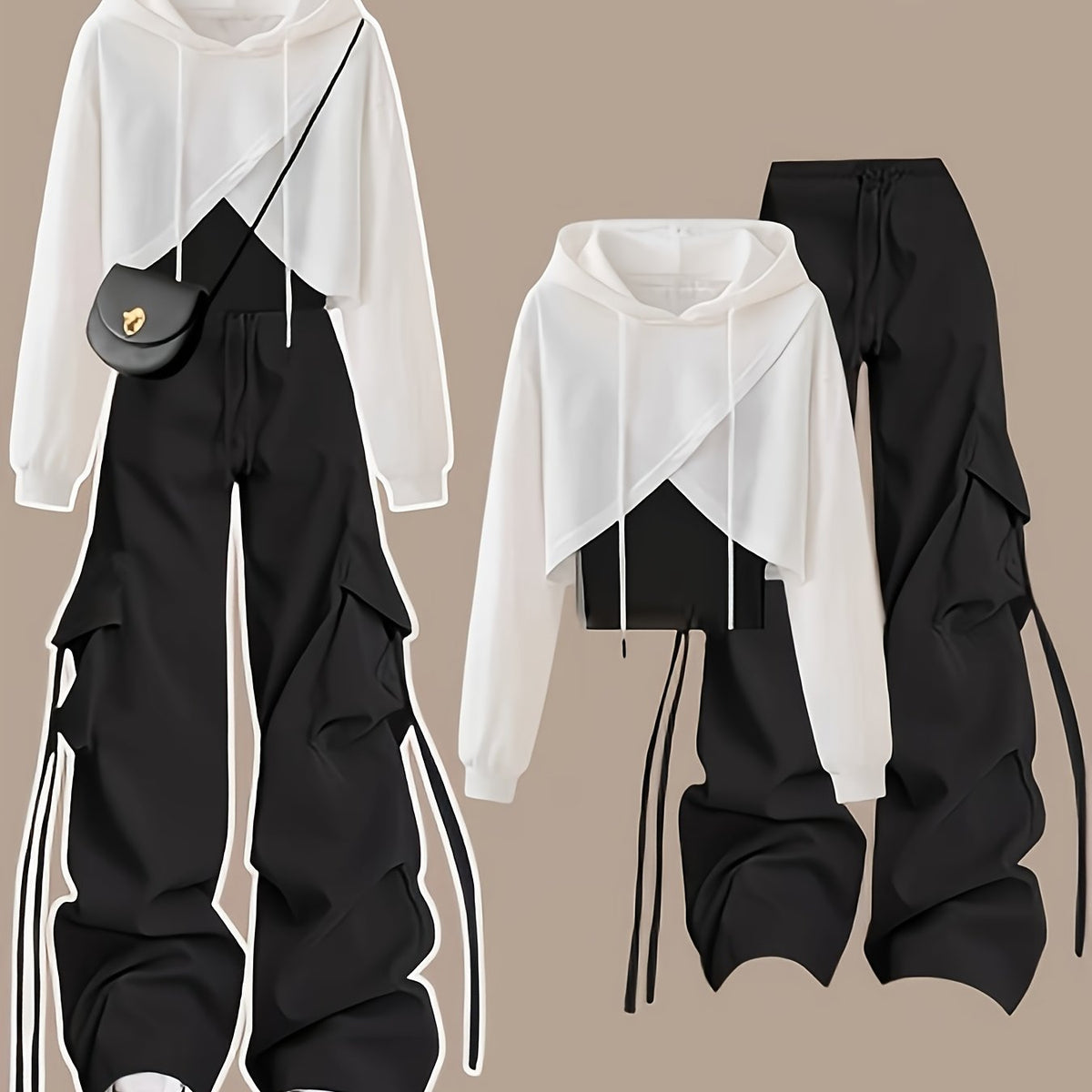 Damen Hoodie Crop Top Set Weiß Schwarz mit Cargo Hose und Kordelzug