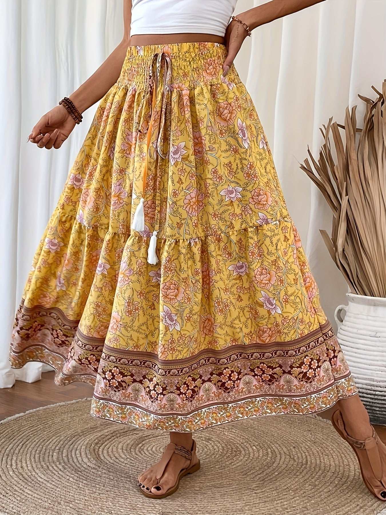 Damen Boho Maxirock mit Blumenmuster und elastischem Bund – Sommer Freizeitrock, Vintage Stil
