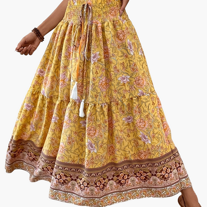 Damen Boho Maxirock mit Blumenmuster und elastischem Bund – Sommer Freizeitrock, Vintage Stil