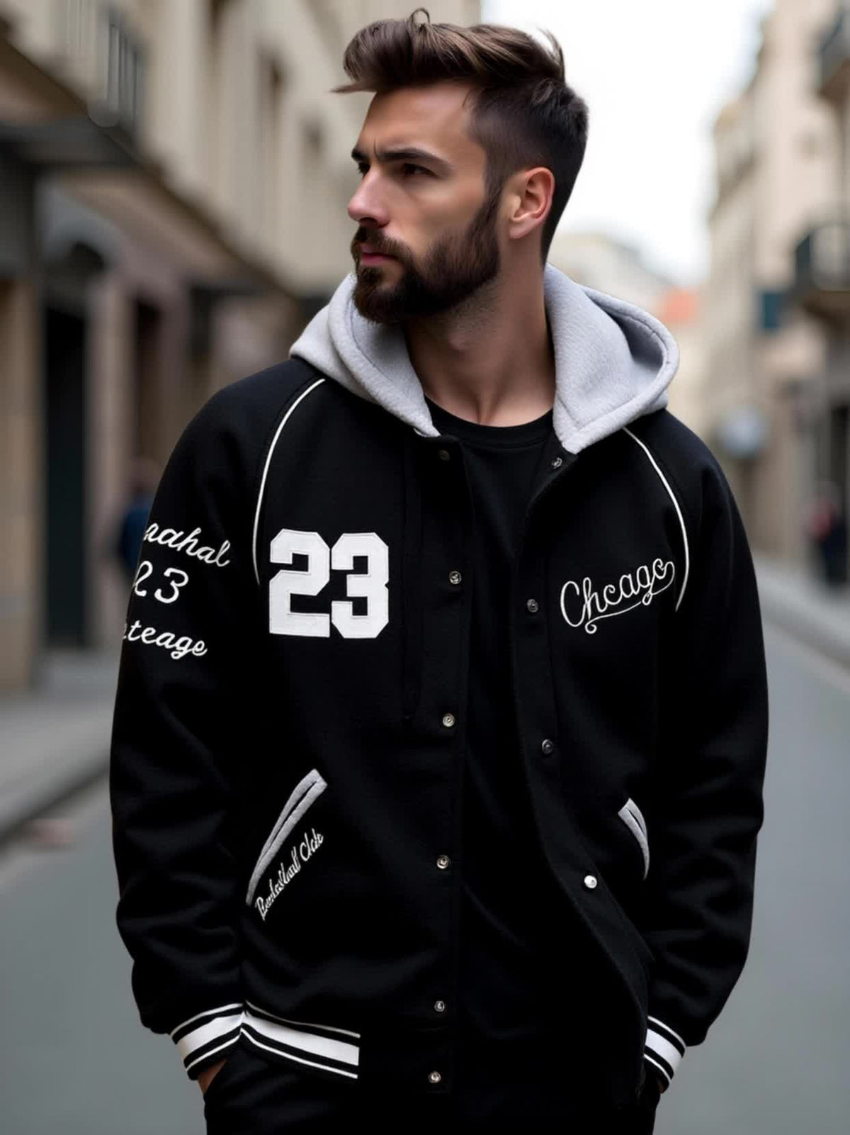 Unisex Baseballjacke mit Kapuze und Druckknöpfen, Winterjacke für Outdoor
