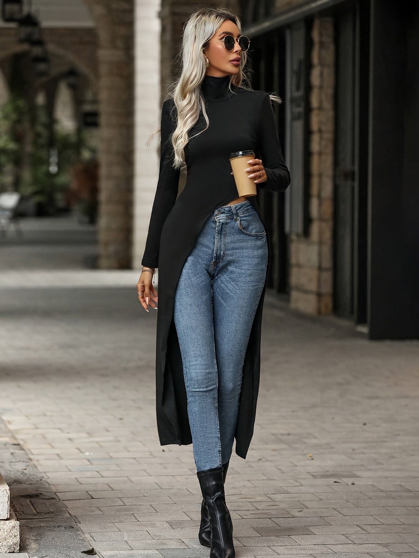 Damen Rollkragen Langarmshirt Schwarz Asymmetrischer Saum Hoher Schlitz