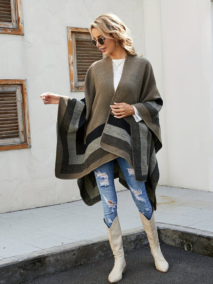 Damen Poncho mit Blockstreifen Wendbar