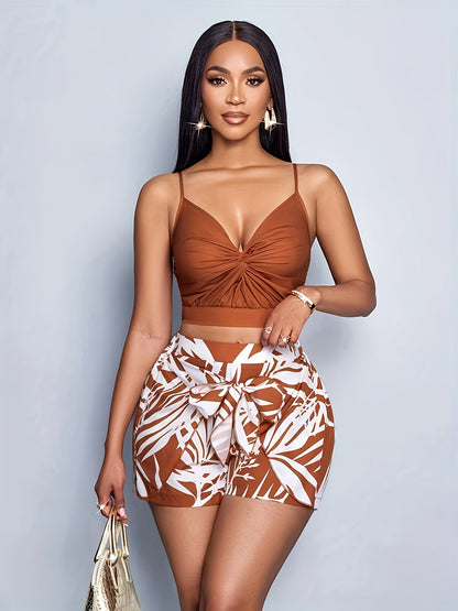 Damen Set Zweiteiler – Modisches Urlaub-Outfit mit Crop Top und High Waist Shorts, ideal für Sommer und Strand