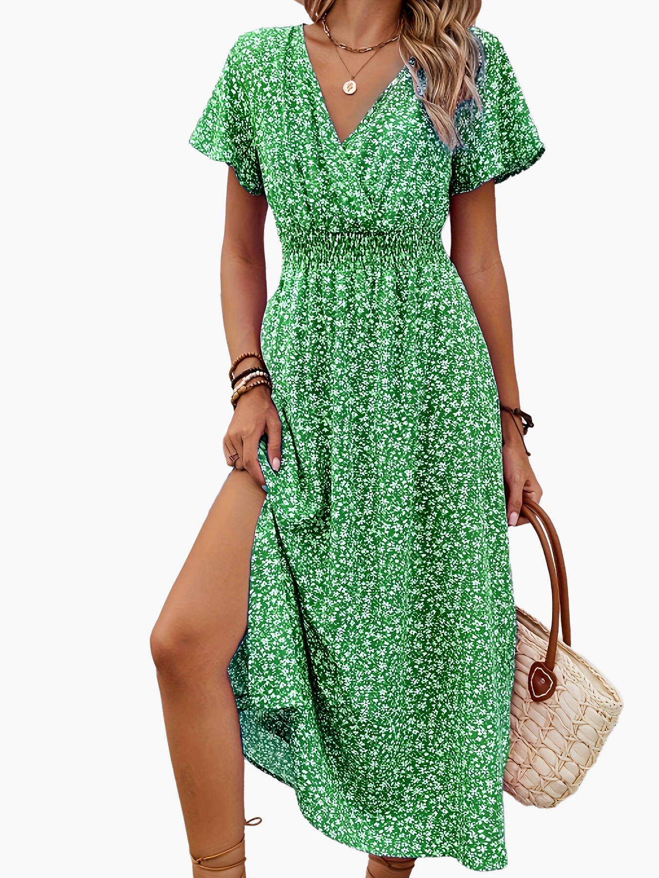Damen Sommerkleid Elegant mit Blumenmuster und Schlitz – Perfekt für Alltag und Urlaub