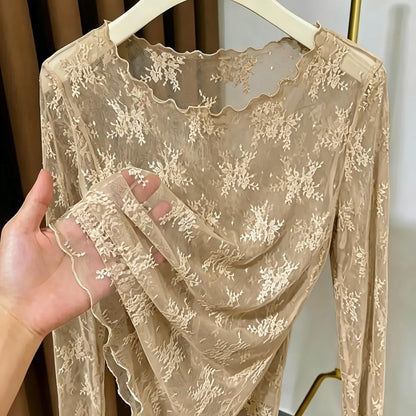Damen Langarm-Spitzenshirt mit floraler Stickerei und transparentem Design – Elegantes Oberteil für besondere Anlässe